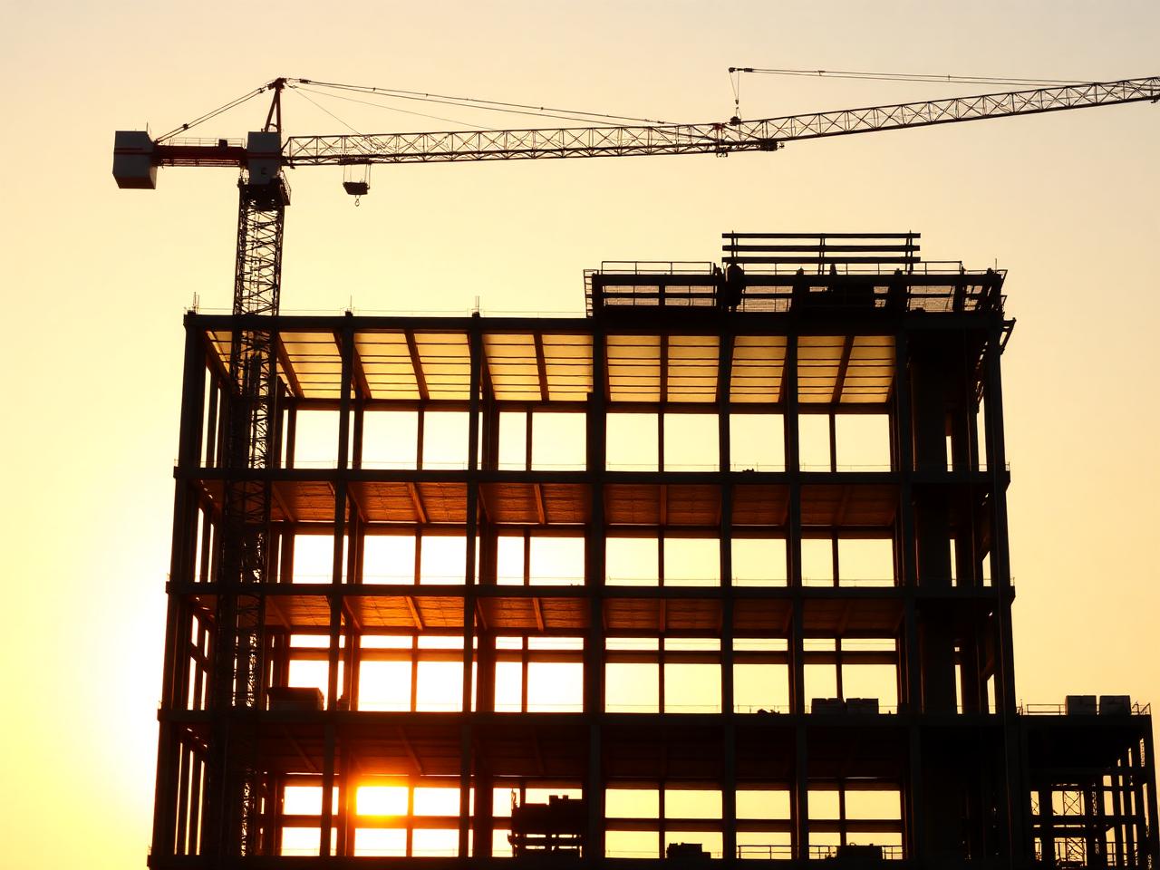 Steel frame of a Meridian commercial construction project at sunrise with a tower crane