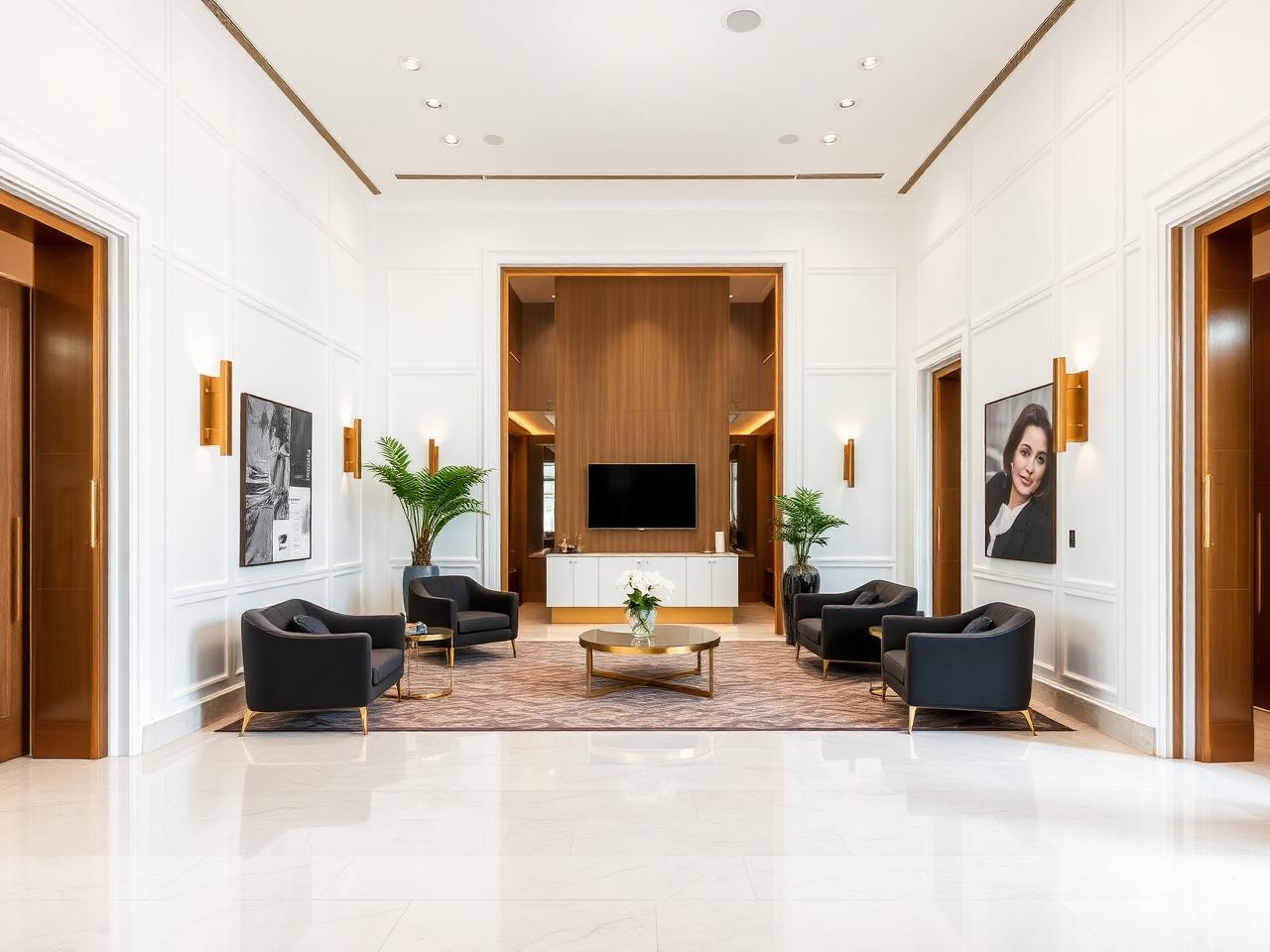 Bright modern office lobby with bronze fixtures at a Meridian-managed Class A building