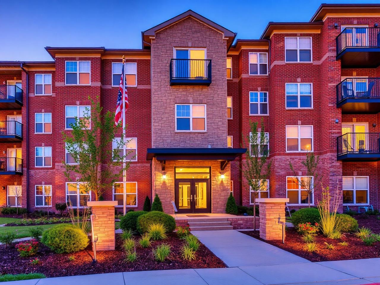 Evening exterior of a landscaped brick multifamily residence managed by Meridian