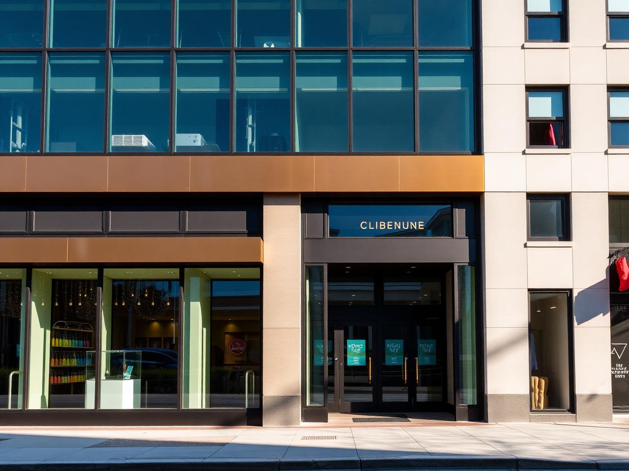 Street-level retail storefront with bronze signage in a mixed-use Kansas City development